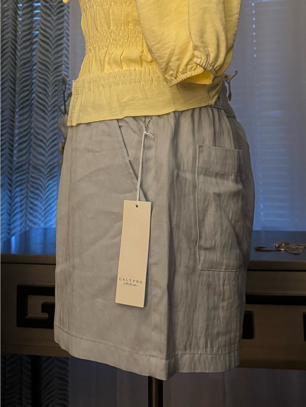 Calypso St. Barth Lyocell Linen-Look Utility Shorts Grey Taupe Elastic Waist